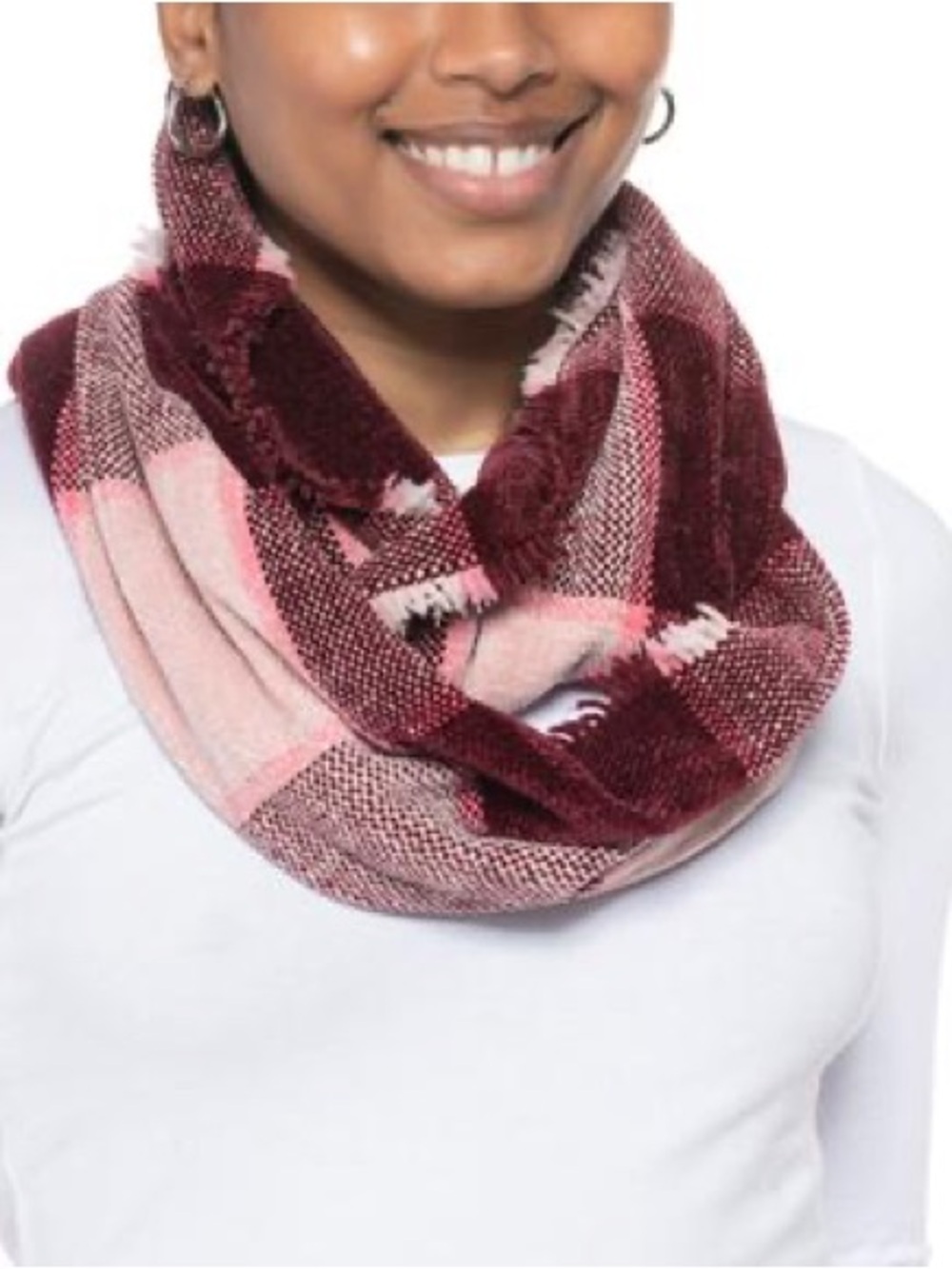 Charter Club Burgundy and Pink Plaid Infinity Scarf